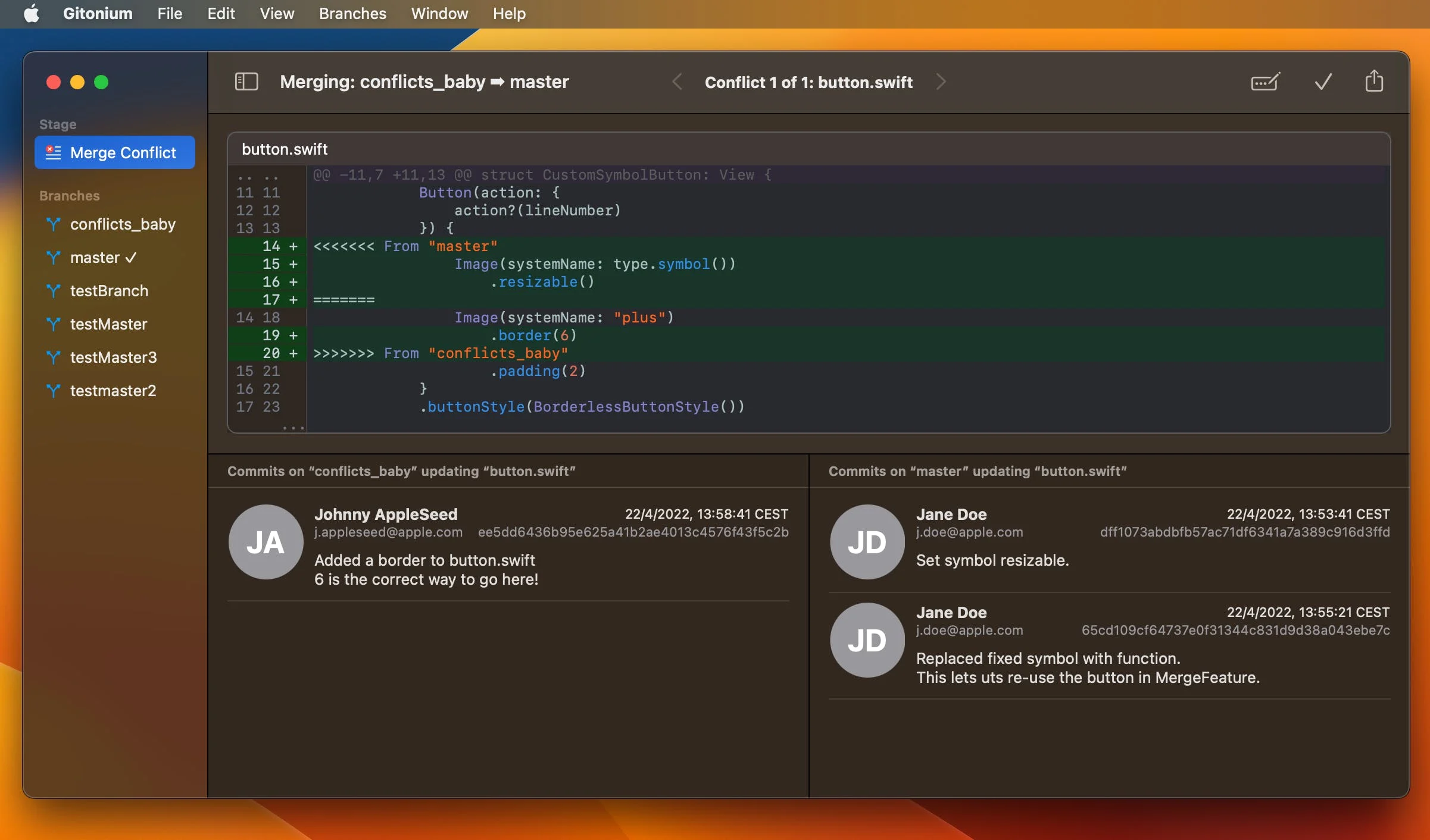 Screenshot of the new merge conflict view in Gitonium.