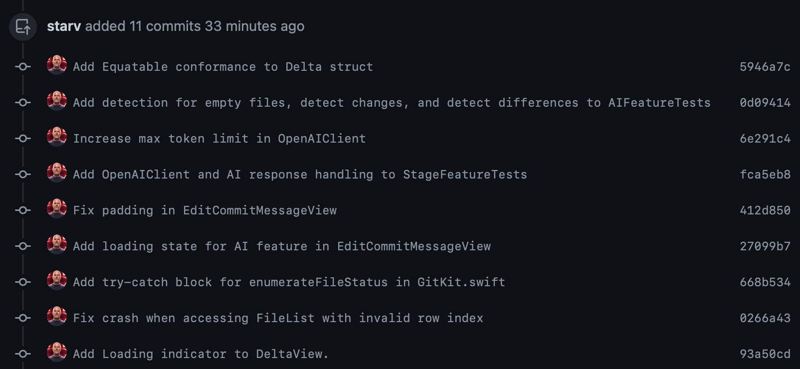 A screenshot of lots of well written, proffessionally looking commit messages