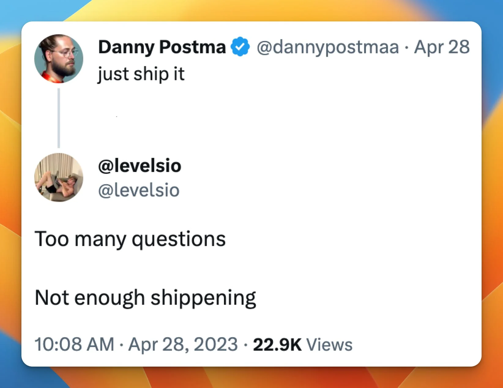 Screenshot of a Tweet saying SHIP IT