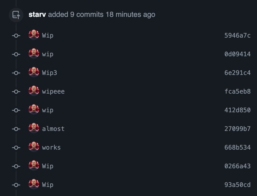 A screenshot of lots of WIP commit messages